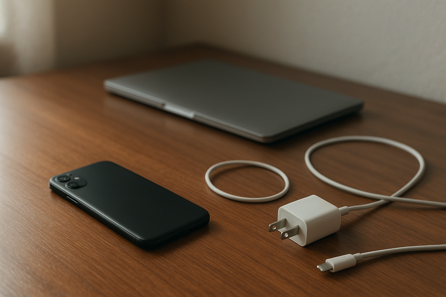 Smartphone on desk beside charger suggesting unexpected battery drain