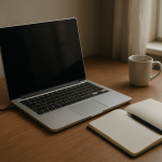 Laptop on desk plugged in with loosely positioned charging cable