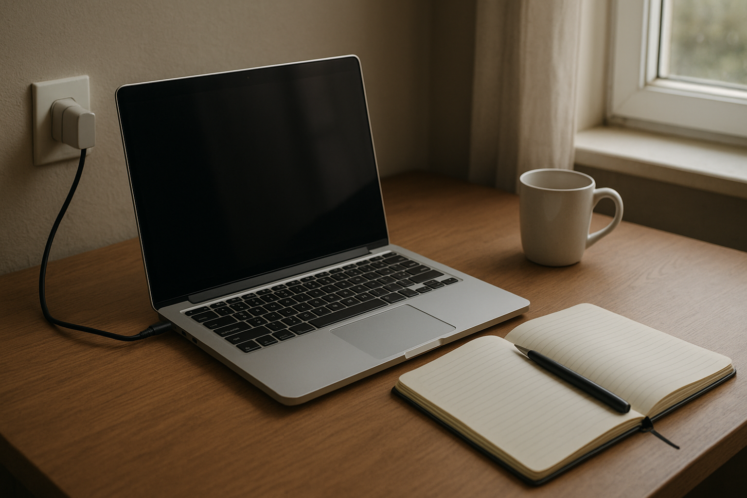 Laptop on desk plugged in with loosely positioned charging cable