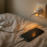Smartphone charging on a bed with warm charger near outlet