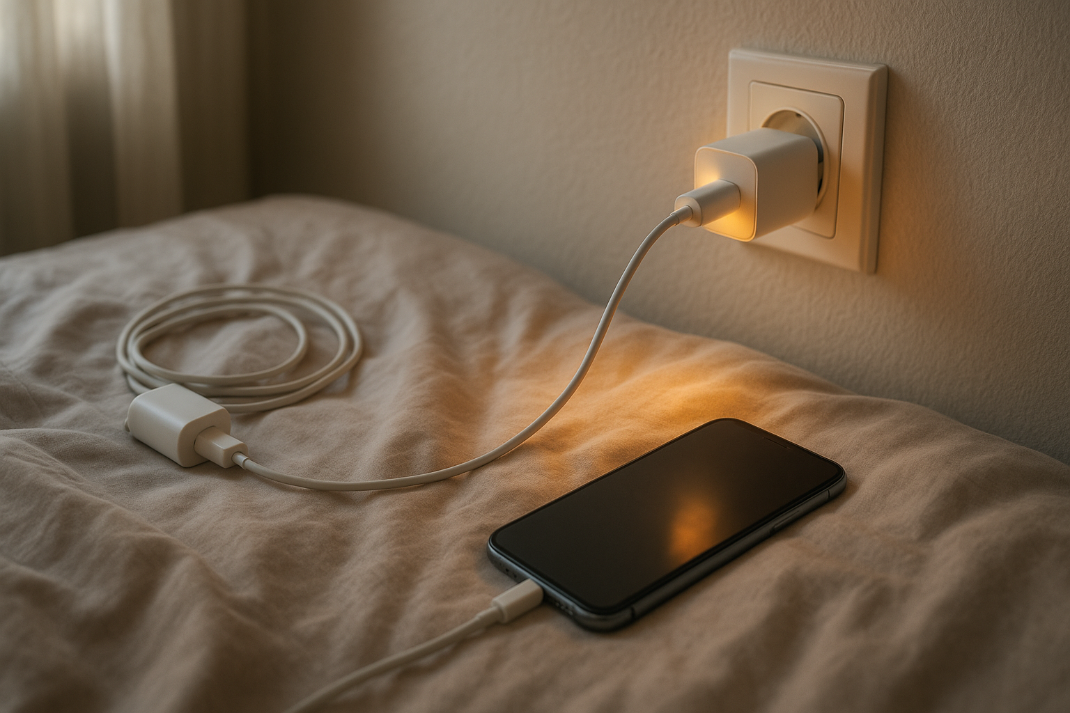 Smartphone charging on a bed with warm charger near outlet
