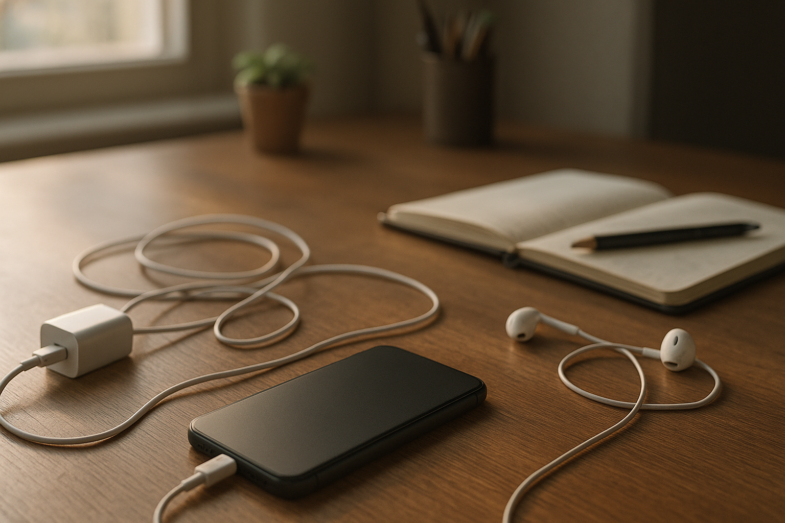 Smartphone on desk with charger suggesting battery drain and overheating