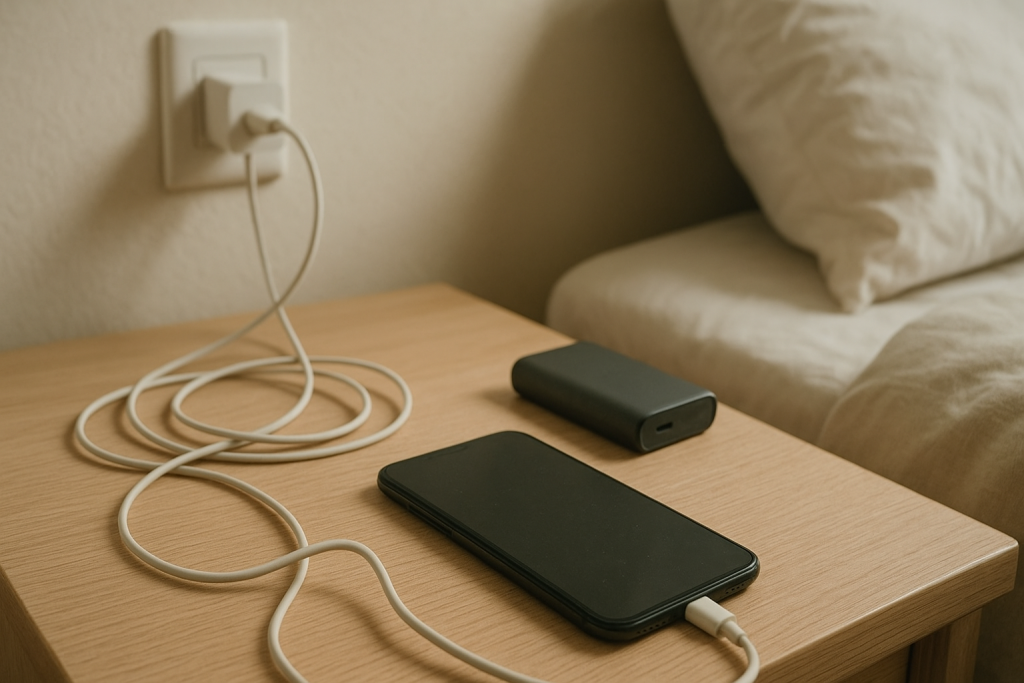 Smartphone with new charging cable on bedside table charging poorly