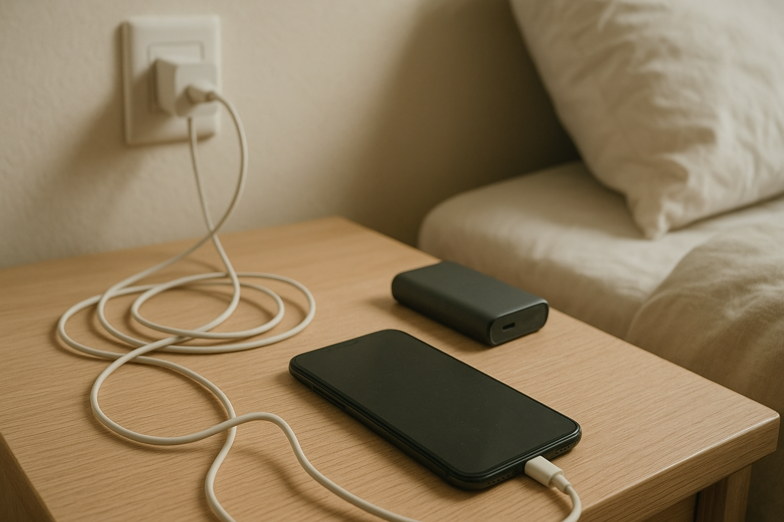 Smartphone with new charging cable on bedside table charging poorly