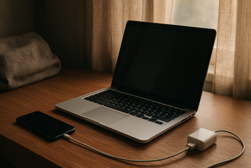Open laptop on bedroom desk after losing battery overnight