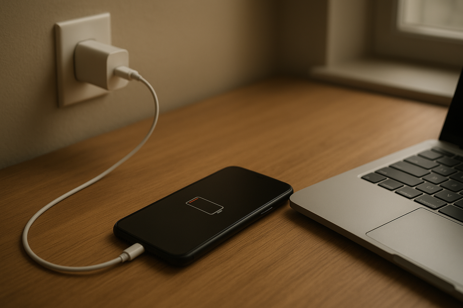 Smartphone on desk with charger suggesting ongoing battery drain issue