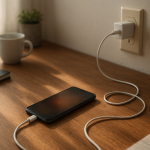 Smartphone on desk charging unreliably beside cable and wall charger