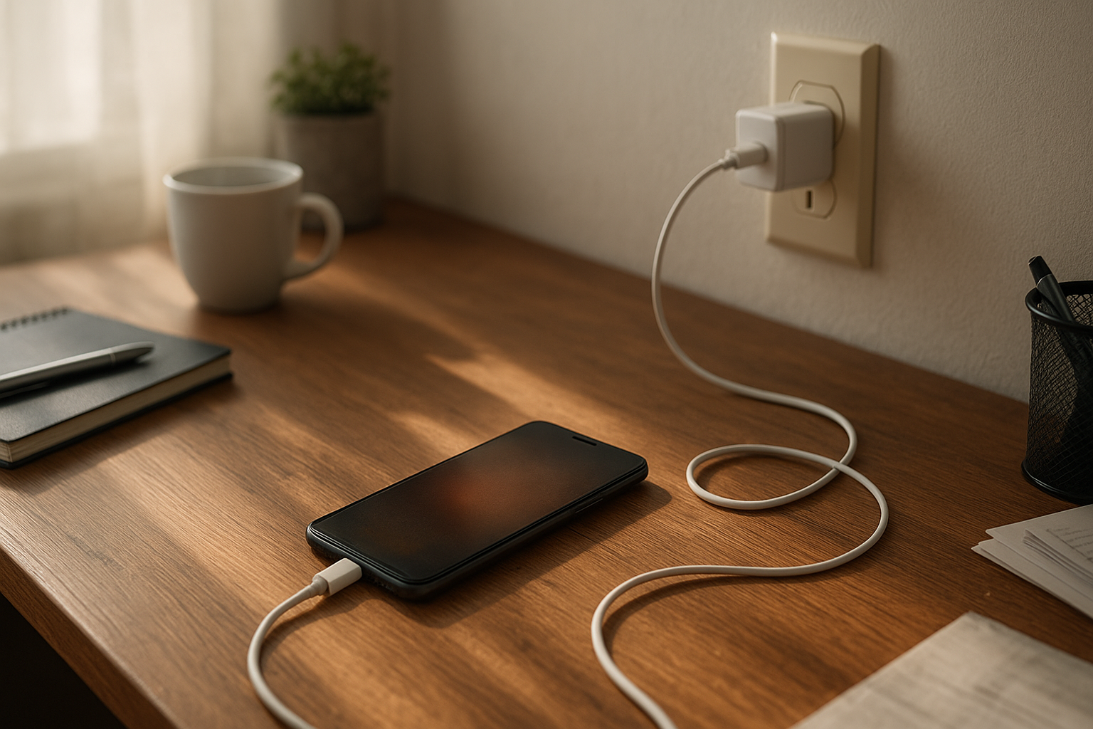Smartphone on desk charging unreliably beside cable and wall charger