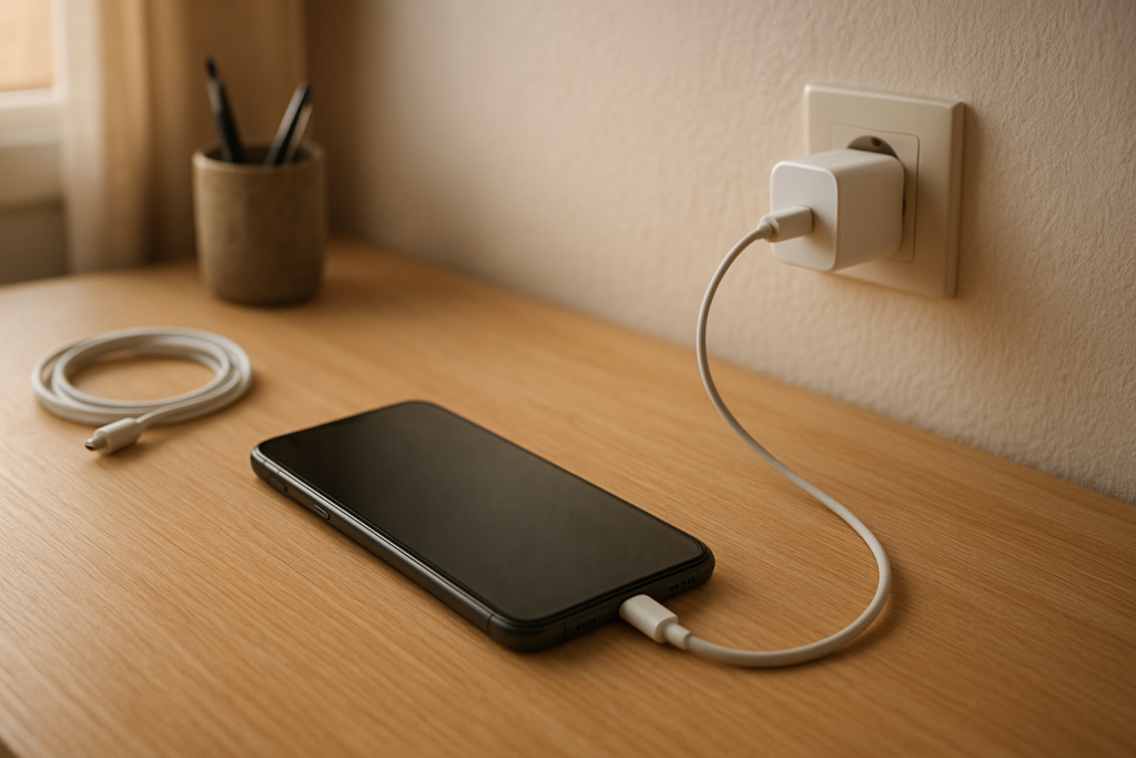 Smartphone plugged in on desk with subtle charging problem