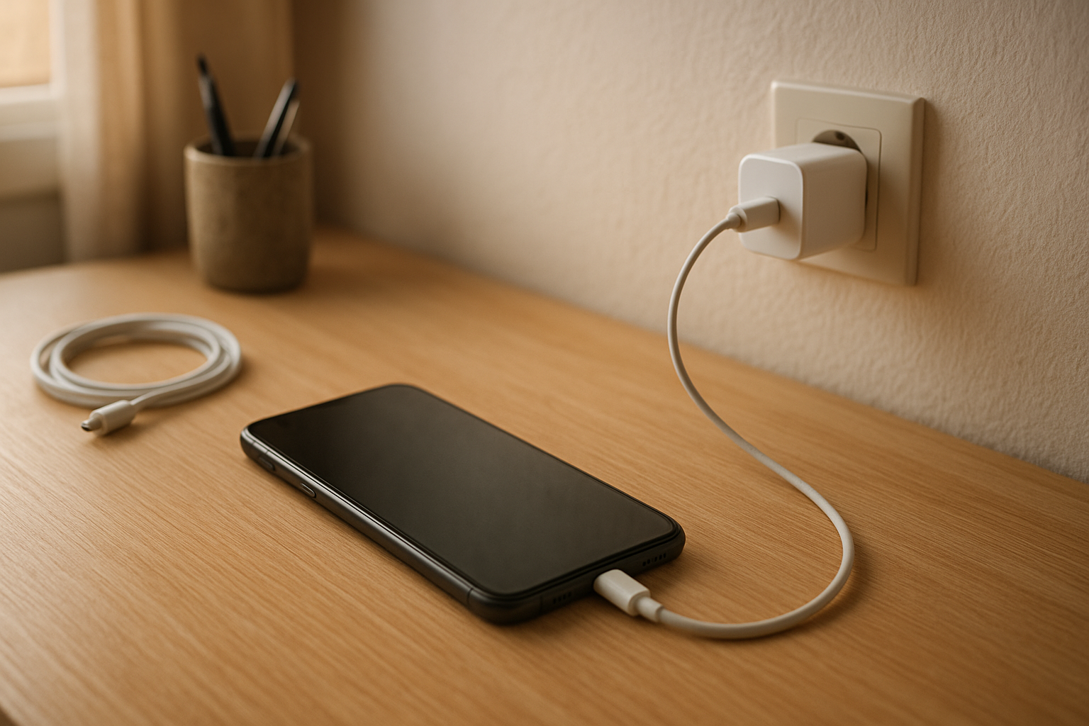 Smartphone plugged in on desk with subtle charging problem