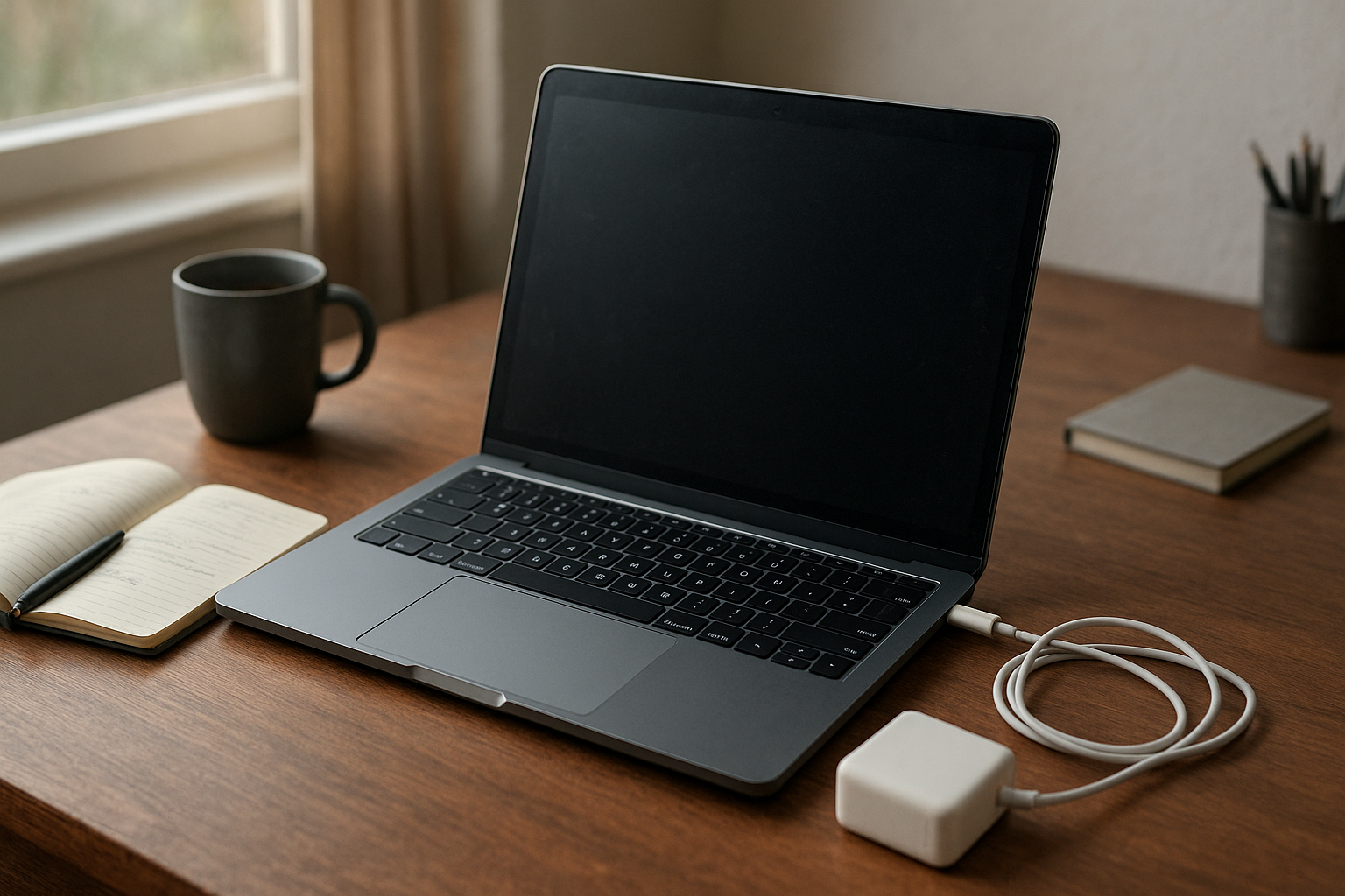 Plugged-in laptop on desk with subtle charging problem in home office