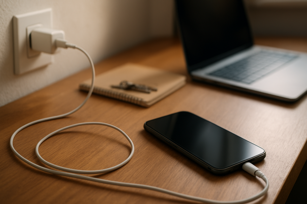 Phone and laptop with unstable charging setup on home desk