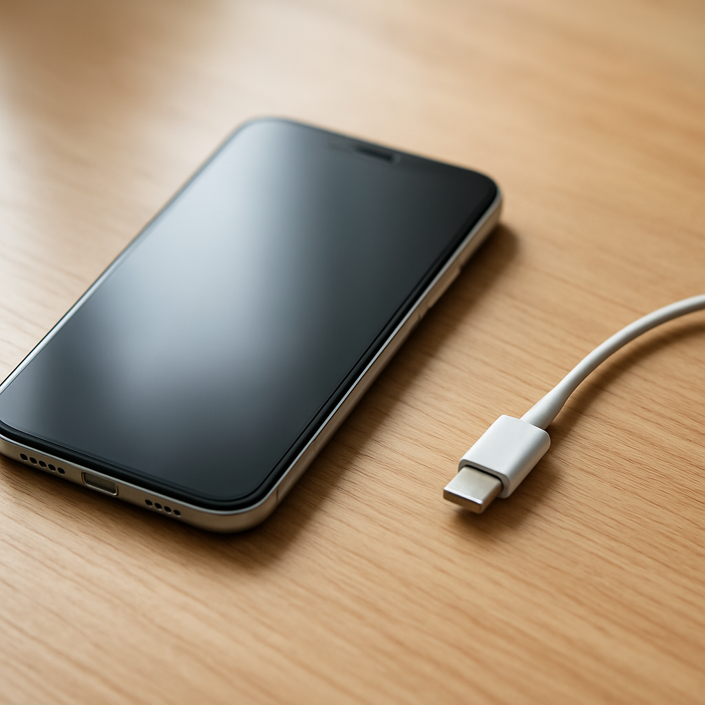 Smartphone on desk charging, battery indicator at eighty percent
